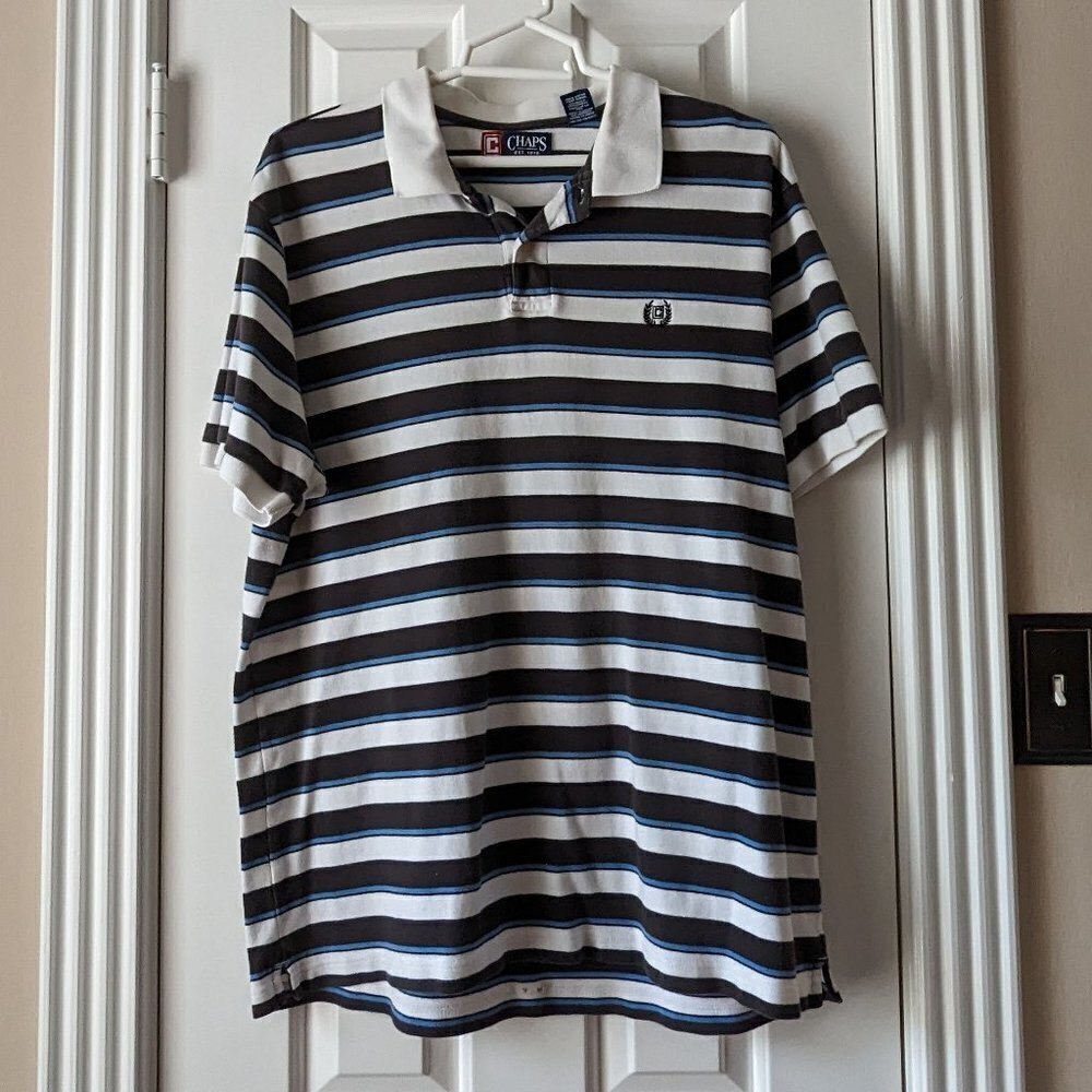 Chaps Size Large Mens Polo Black/White/Blue Stripes EUC